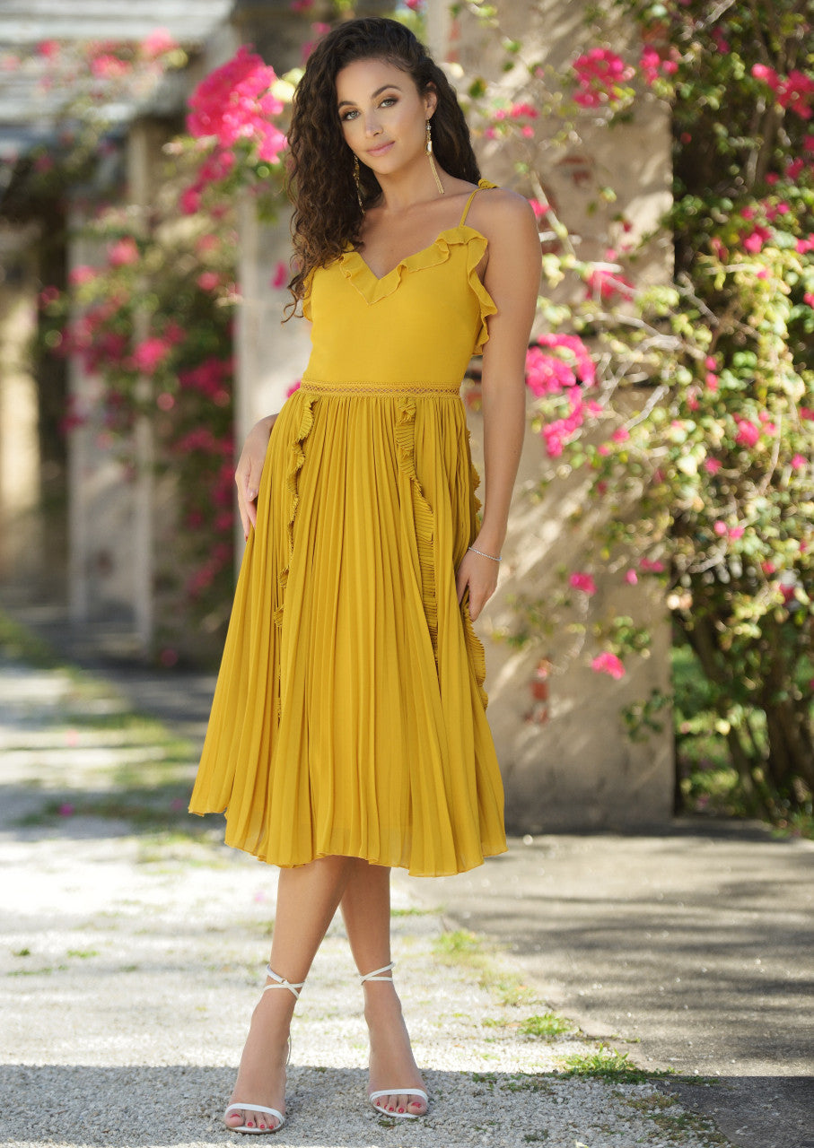 Mustard fashion pleated midi dress