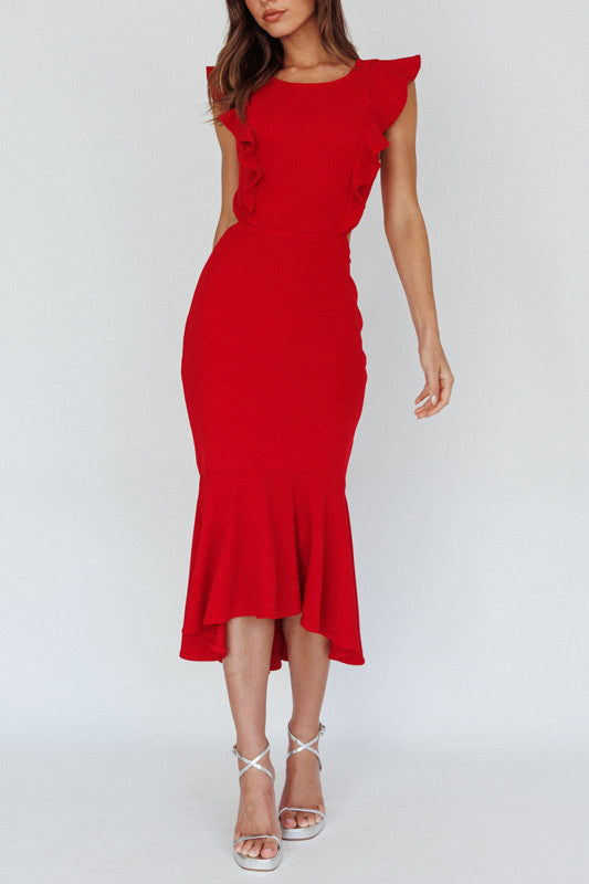 Kennedy Midi Dress in Red Elegant Stylish Women s Fashion Lady Black Tie