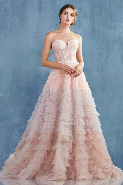 A0767-Strapless Faux Corset with Ruffled Ombre Ball Gown - Andrea & Leo Couture