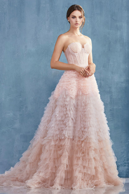 A0767-Strapless Faux Corset with Ruffled Ombre Ball Gown - Andrea & Leo Couture