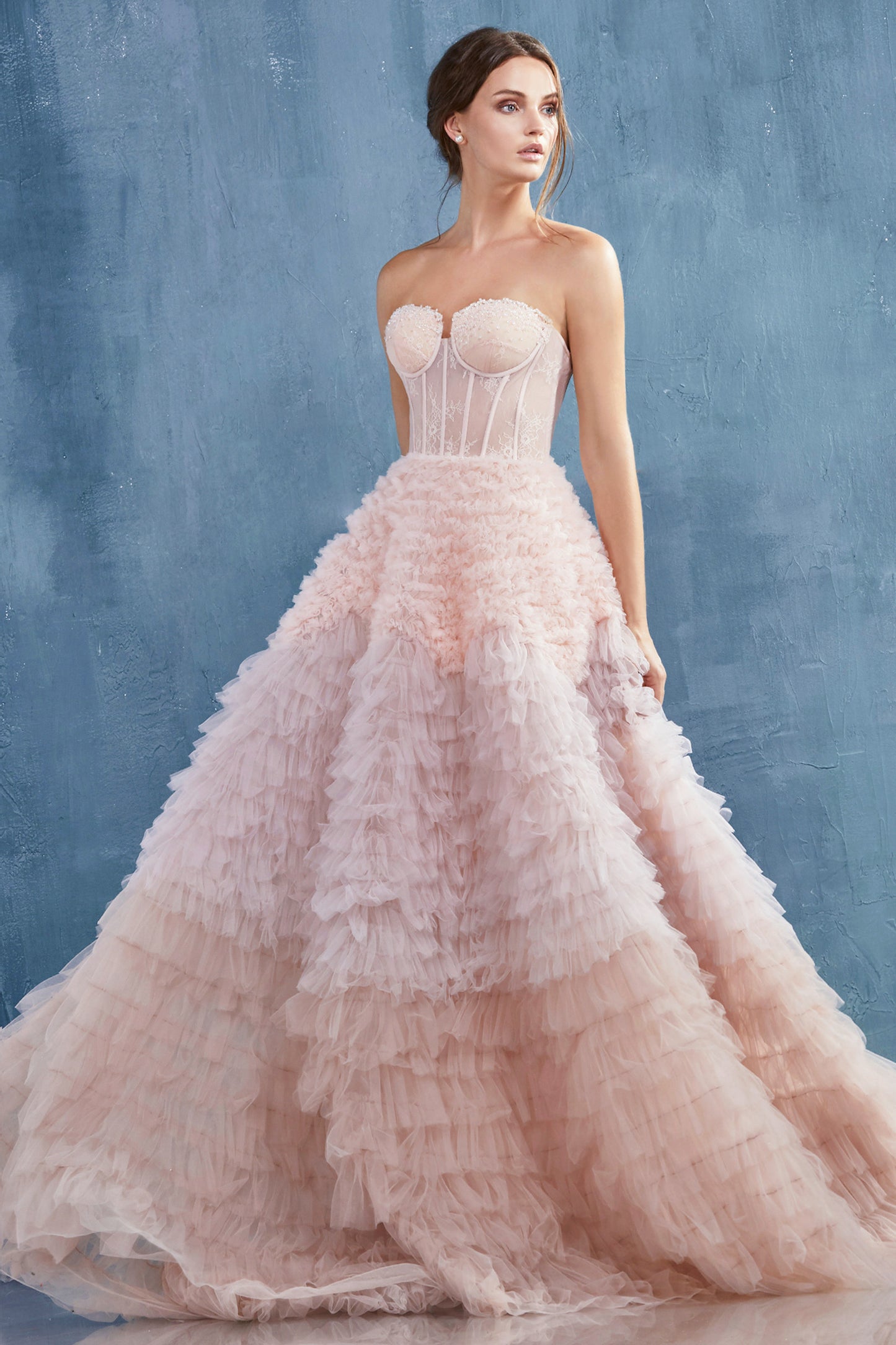 A0767-Strapless Faux Corset with Ruffled Ombre Ball Gown - Andrea & Leo Couture