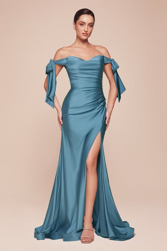 A person stands confidently in an elegant, form-fitting teal gown with off-the-shoulder sleeves and a thigh-high slit, set against a neutral backdrop.