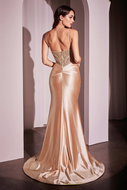 Nevada Gown - Pearl-Embellished Stretch Satin Glimmering Gown