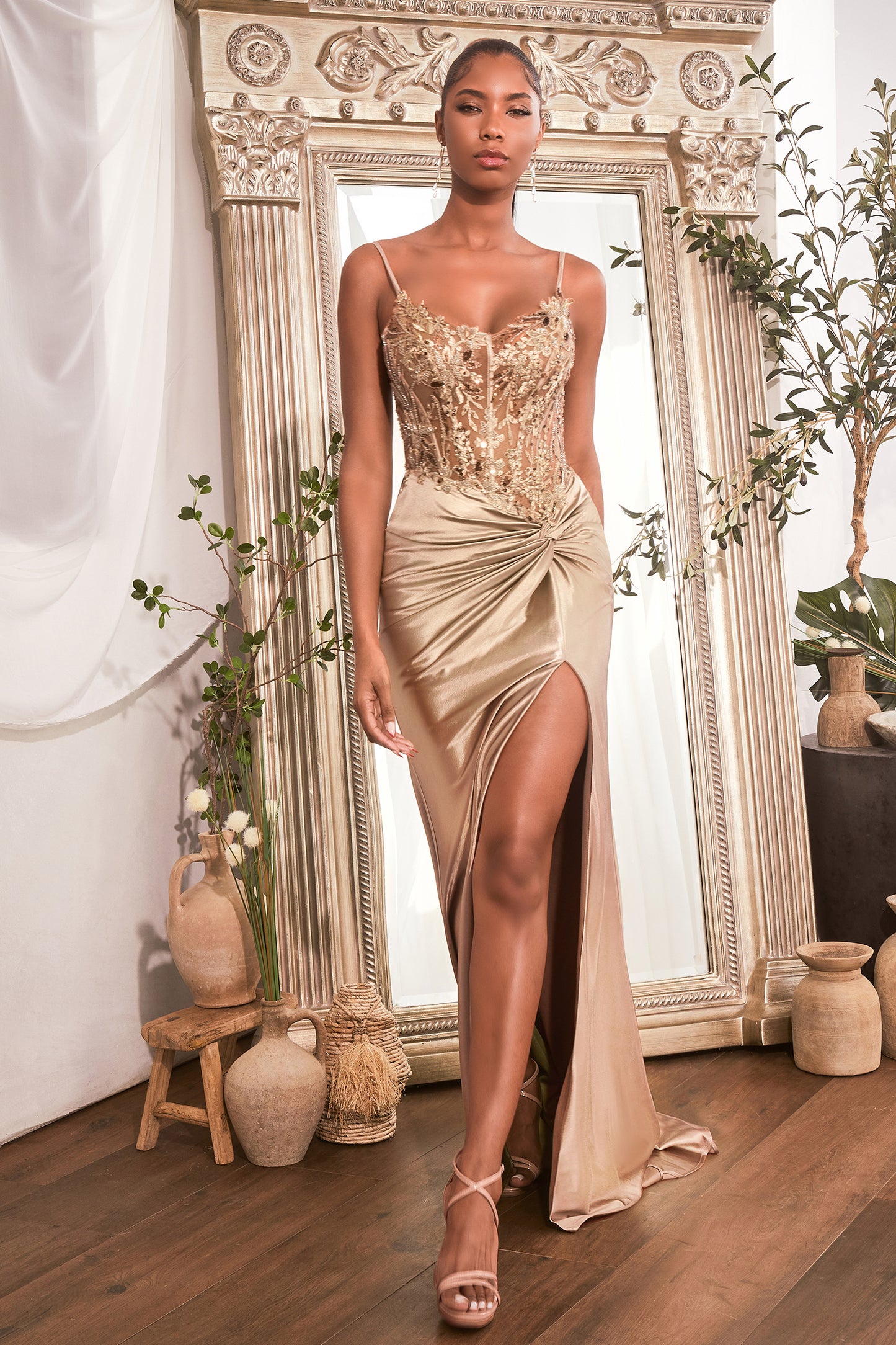 Flor Gown - Fitted Satin Gown with Embellished Bodice