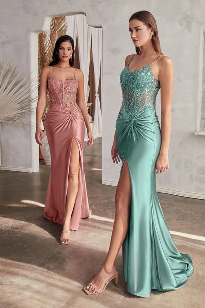 Flor Gown - Fitted Satin Gown with Embellished Bodice