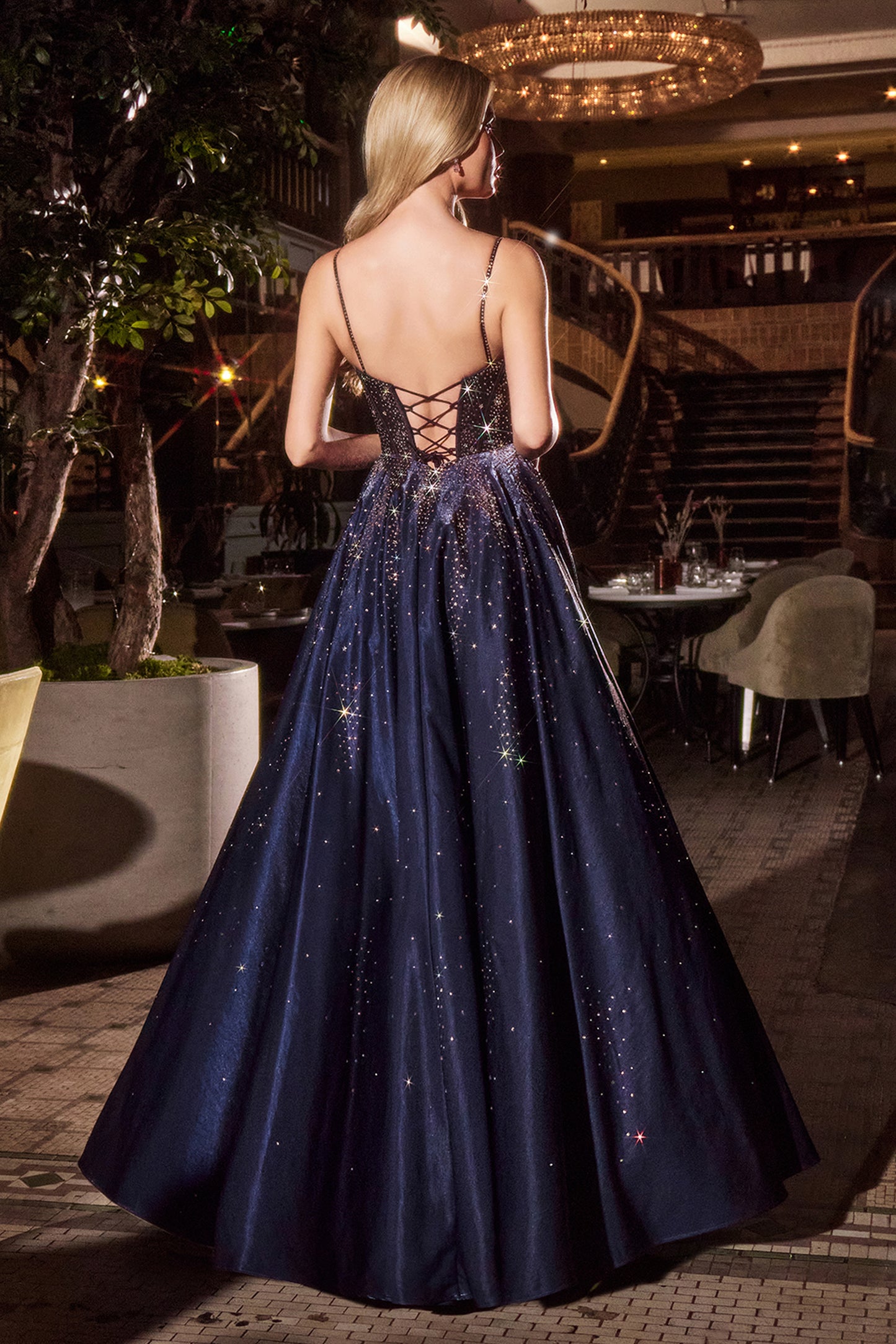 Night Sky Gown - Navy Satin Ball Gown with Star Detailing