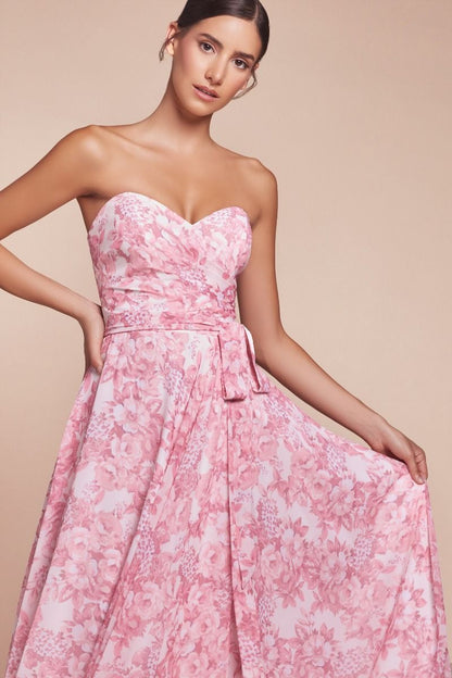 CASSIE GOWN - ROSE - STRAPLESS A-LINE FLORAL CHIFFON DRESS