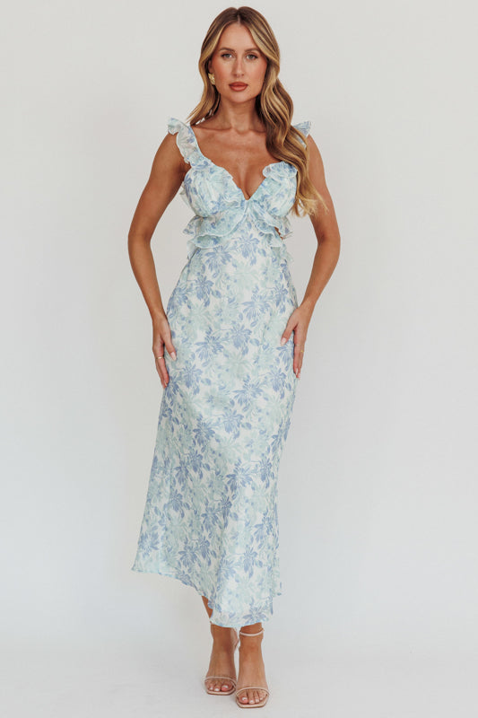 Blue Sleeveless floral print Maxi Dress , with bodice cut outs and ruffle straps
