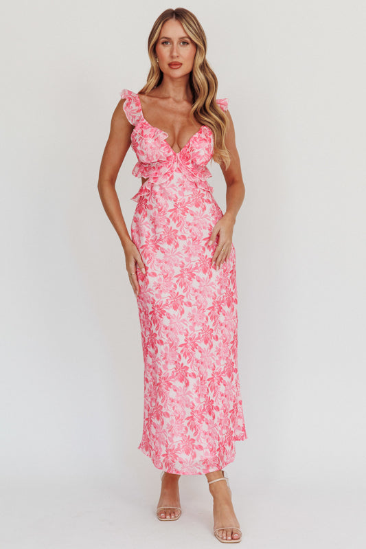 Pink Sleeveless floral print Maxi Dress , with bodice cut outs and ruffle straps