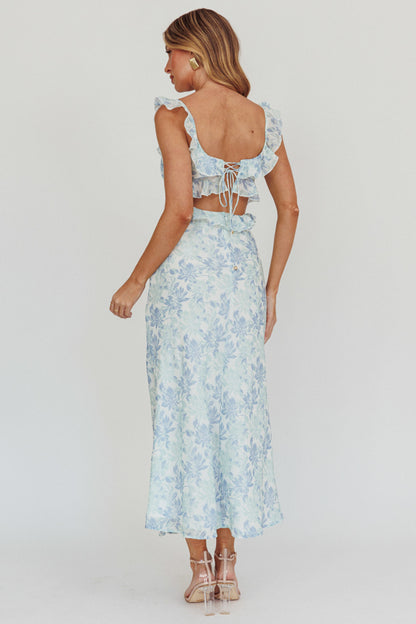 Blue Sleeveless floral print Maxi Dress , with bodice cut outs and ruffle straps