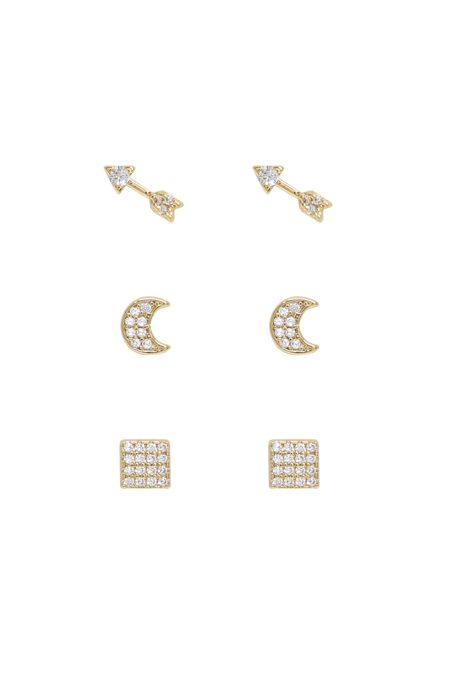 Moon, Arrow & Square Crystal Stud Set