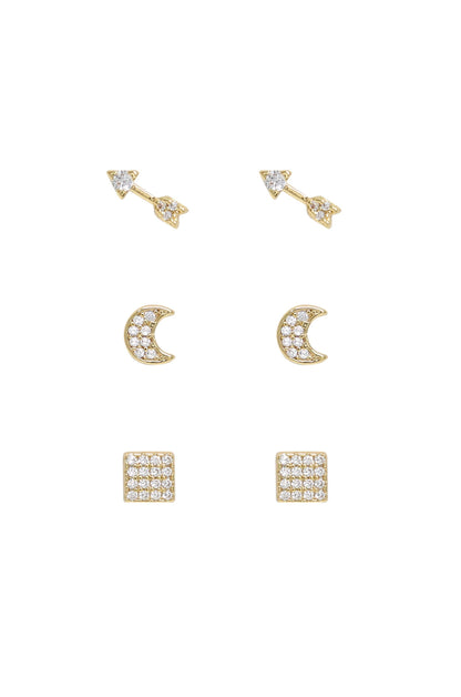 Moon, Arrow & Square Crystal Stud Set