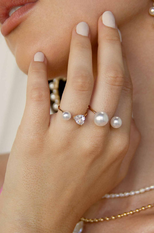 Multi-Pearl & Crystal Adjustable Ring Set