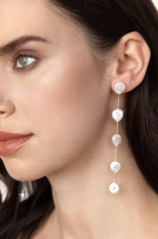 A model wears elegant drop earrings featuring several circular, pearl-like beads with a shimmering finish. The background is softly blurred, highlighting her features and jewelry against a neutral tone.