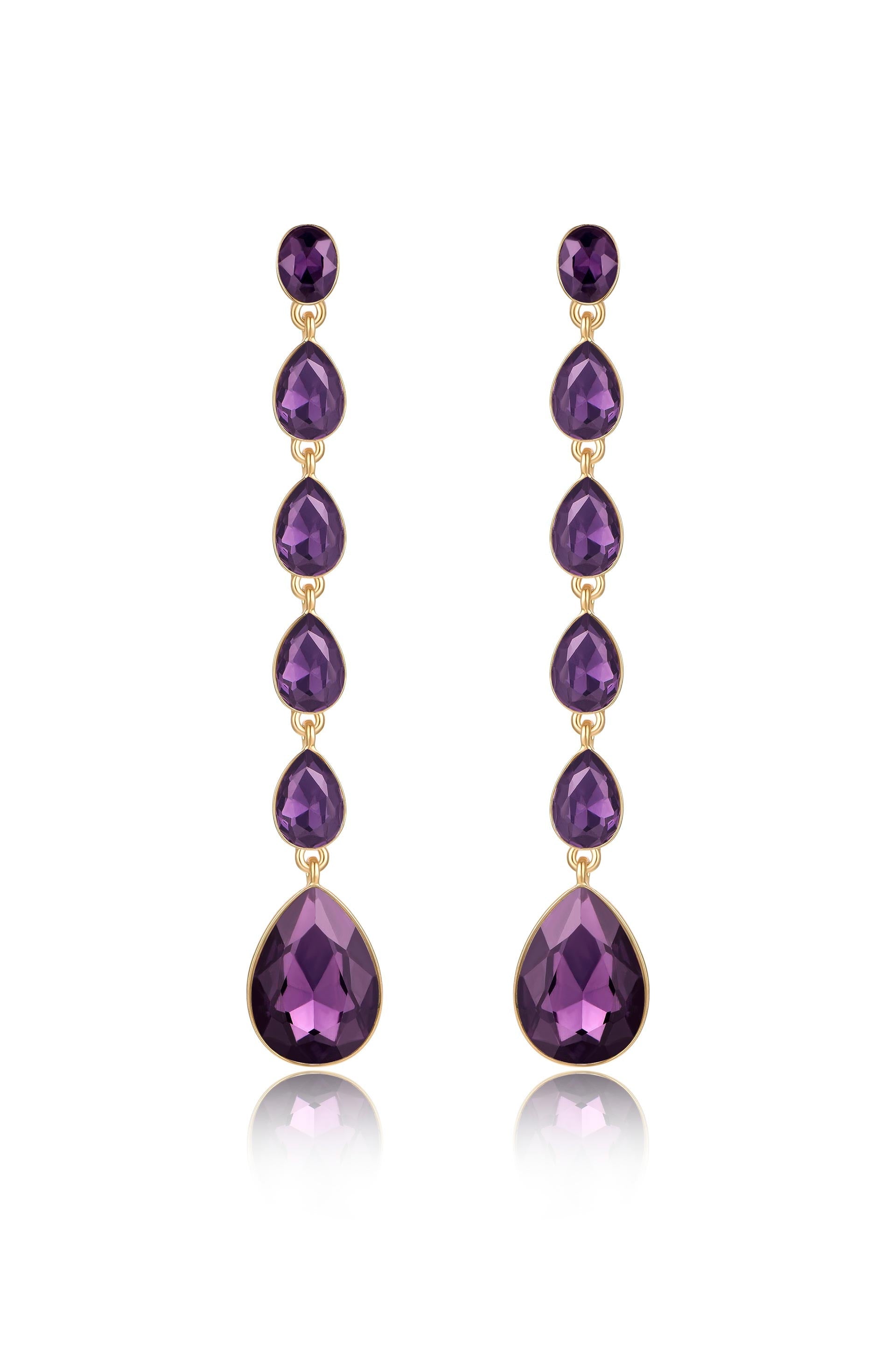 Elegant purple earrings feature a series of teardrop-shaped gemstones in varying sizes, suspended vertically from a circular post. The setting is gold, reflecting light with a slight sheen.