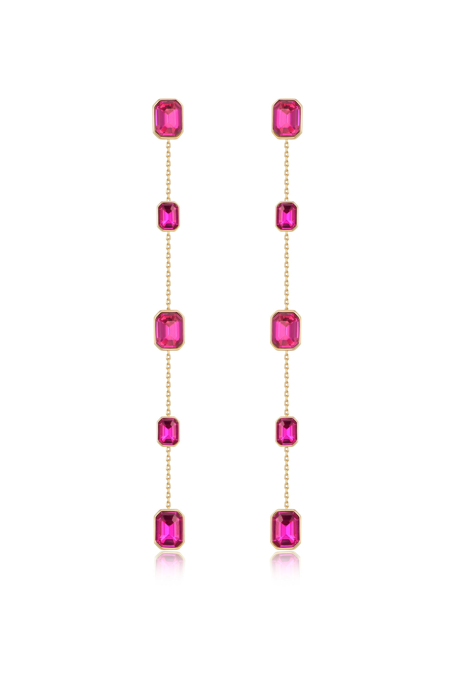 Two pairs of elongated earrings feature a series of pink, rectangular gemstones set in gold. They hang vertically, creating a streamlined and elegant appearance against a white background.