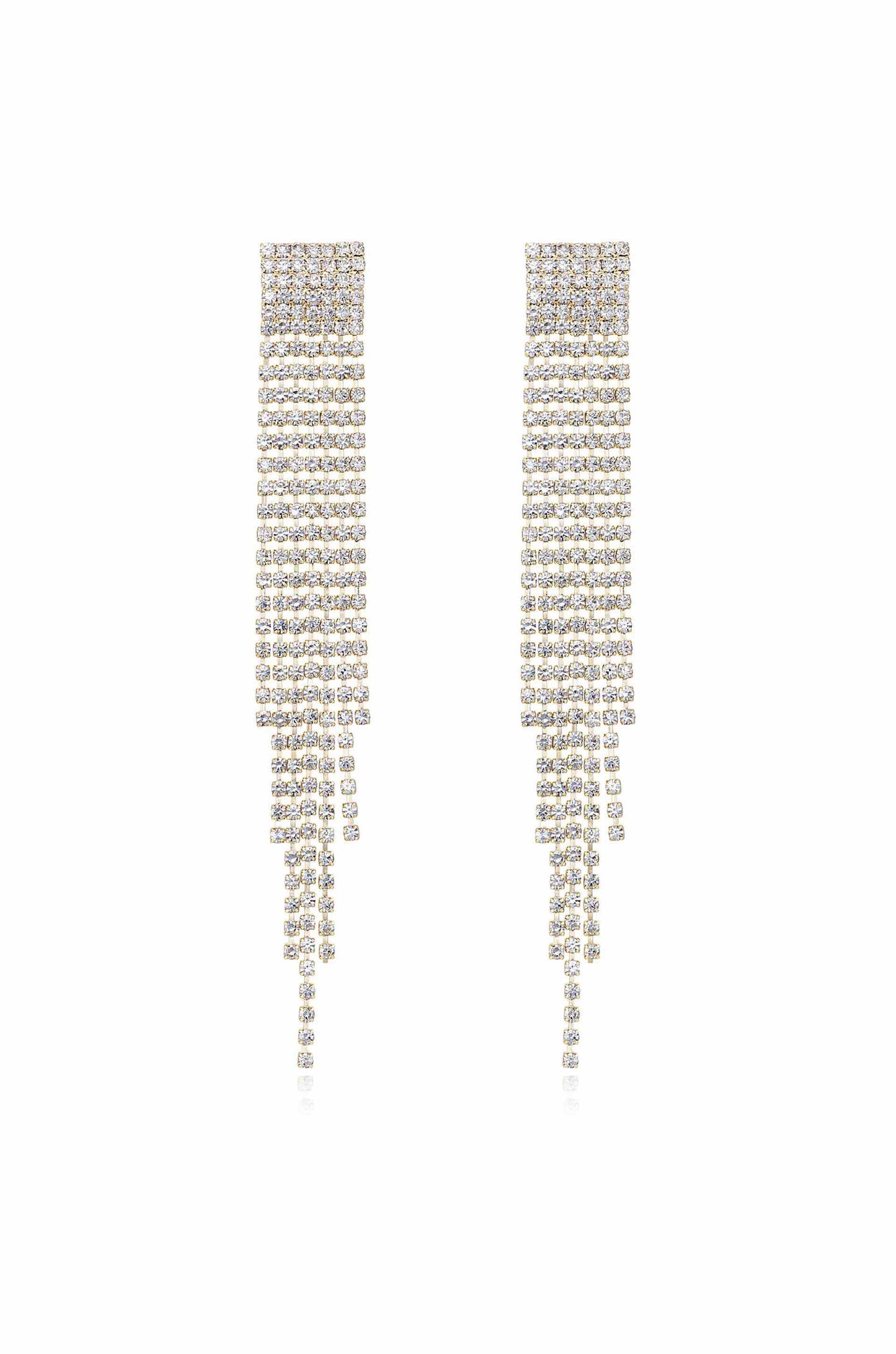 Sparkling dangle earrings hang vertically, featuring a series of shiny rhinestones arranged in cascading rows. The background is plain white, highlighting the earrings' elegance and shine.