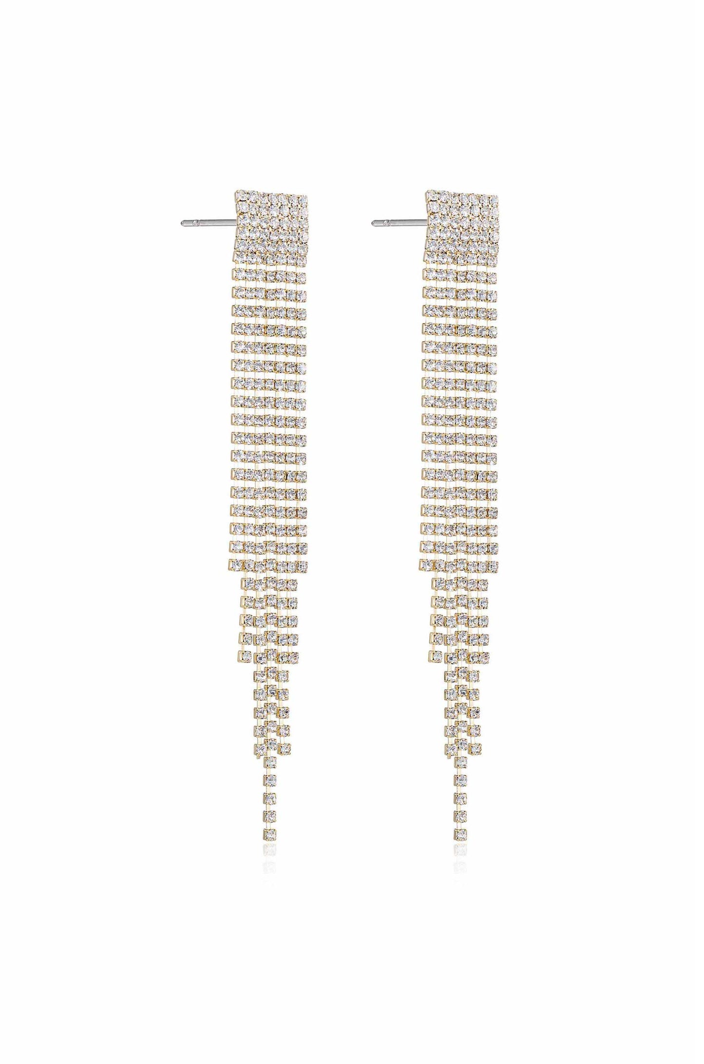 Two elegant earrings, adorned with shimmering diamonds, hang vertically. Their intricate design cascades down in layered strands, set against a plain background, suggesting sophistication and luxury.