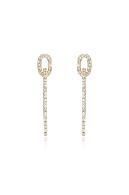 Two elegant golden earrings hang vertically, featuring a circular top and a linear drop adorned with sparkling crystals, set against a clean, bright background.