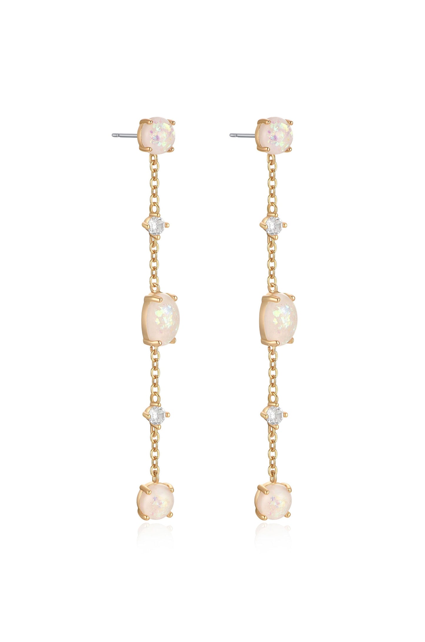 Dangle earrings feature a chain with alternating opal and diamond-like gemstones. They hang elegantly, reflecting light in a stylish setting, suitable for formal or casual occasions.