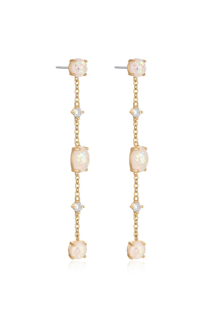 Dangle earrings feature a chain with alternating opal and diamond-like gemstones. They hang elegantly, reflecting light in a stylish setting, suitable for formal or casual occasions.