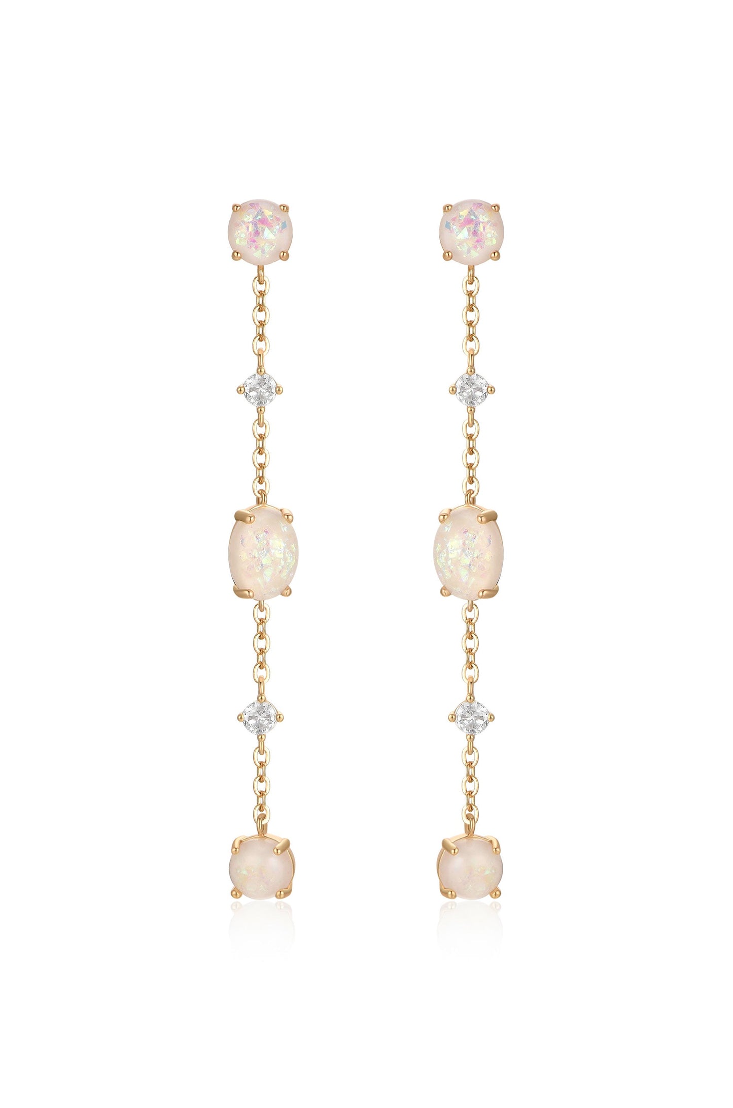 Two long, dangling earrings feature alternating opal and diamond-like stones set in gold. They hang gracefully, catching the light, suggesting elegance and sophistication.