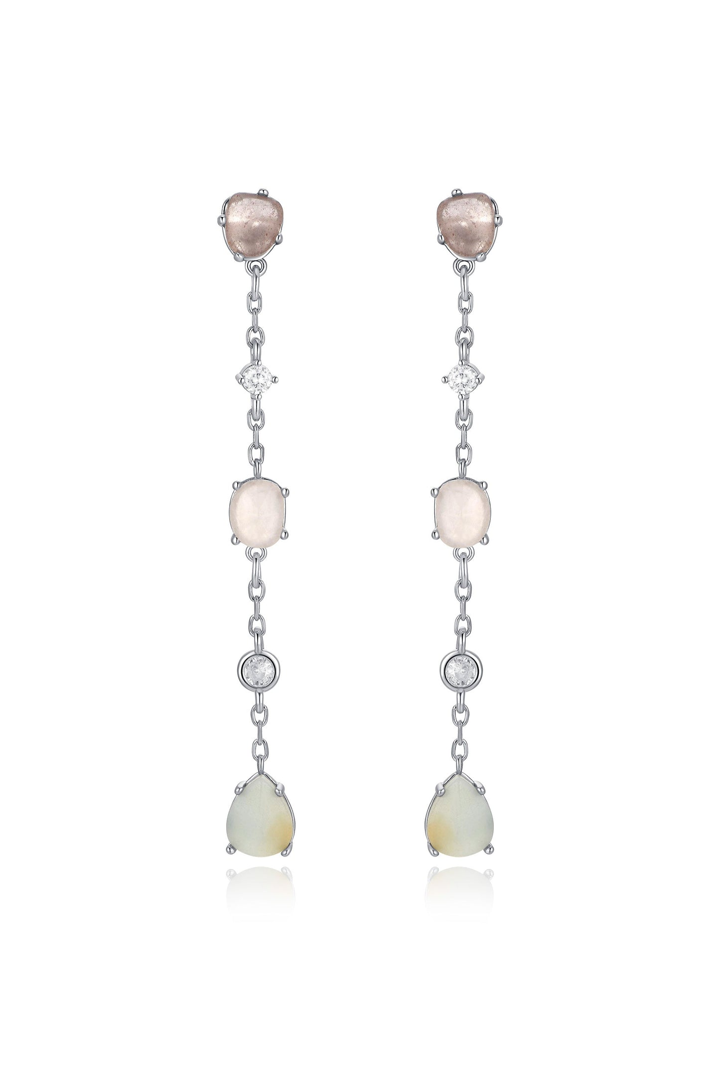 Two elegant drop earrings hang vertically, featuring alternating gemstones, including pink and cream stones, separated by small diamonds, all set in a silver chain.