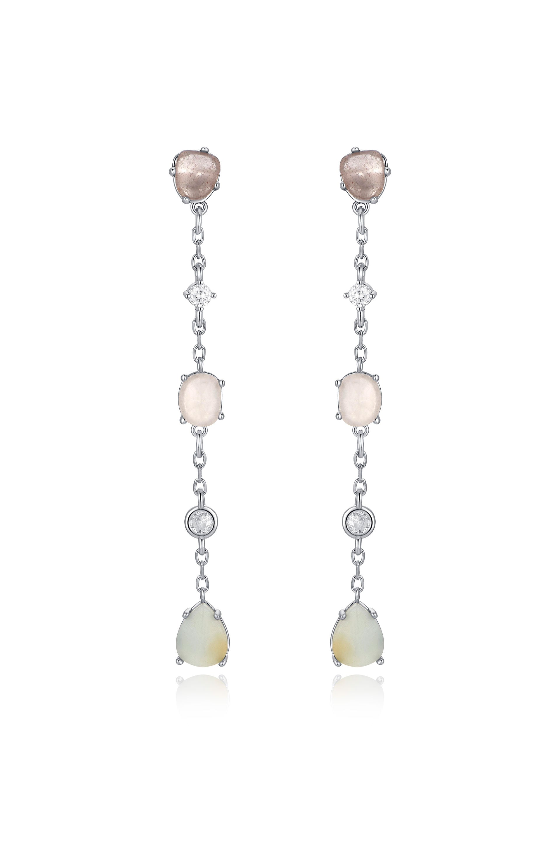 Two elegant drop earrings hang vertically, featuring alternating gemstones, including pink and cream stones, separated by small diamonds, all set in a silver chain.