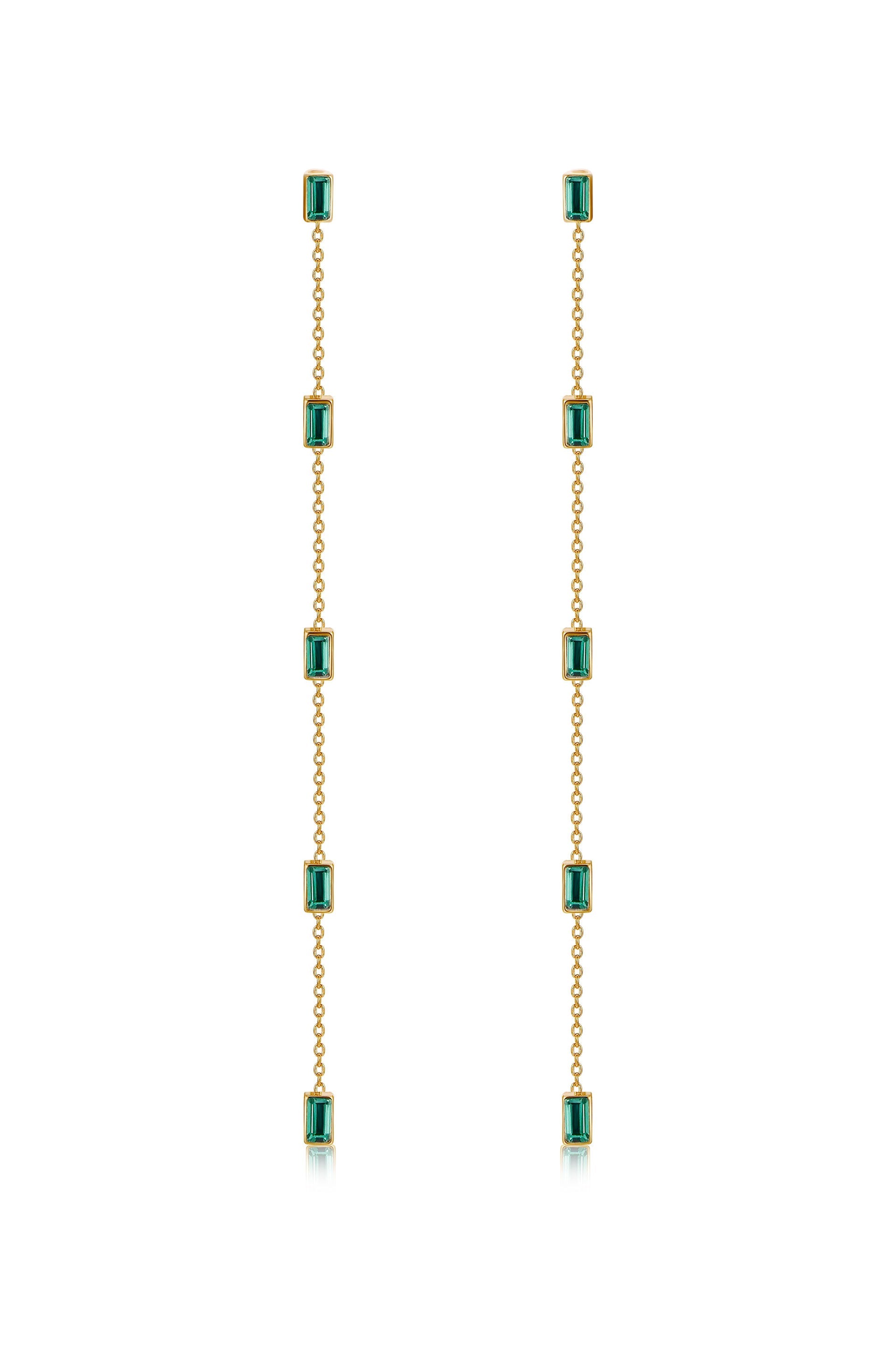 Two elegant earrings are displayed vertically. Each features a chain adorned with rectangular green stones, set in gold frames, suitable for formal or fashionable occasions.