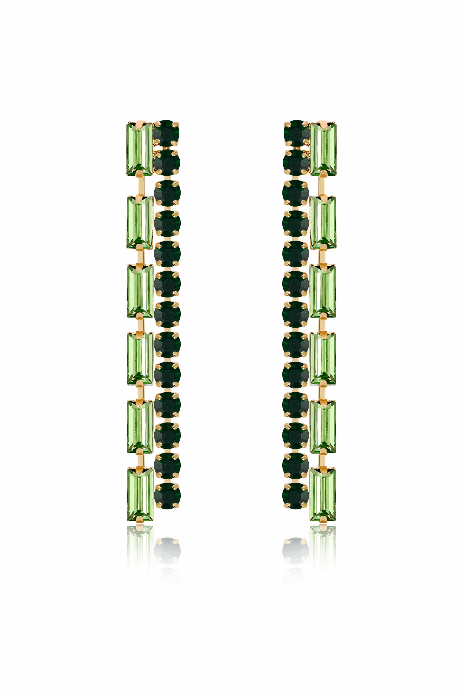 Two elegant earrings featuring a vertical arrangement of green gemstones. The stones include both rectangular and round shapes, set in gold, reflecting light against a neutral background.