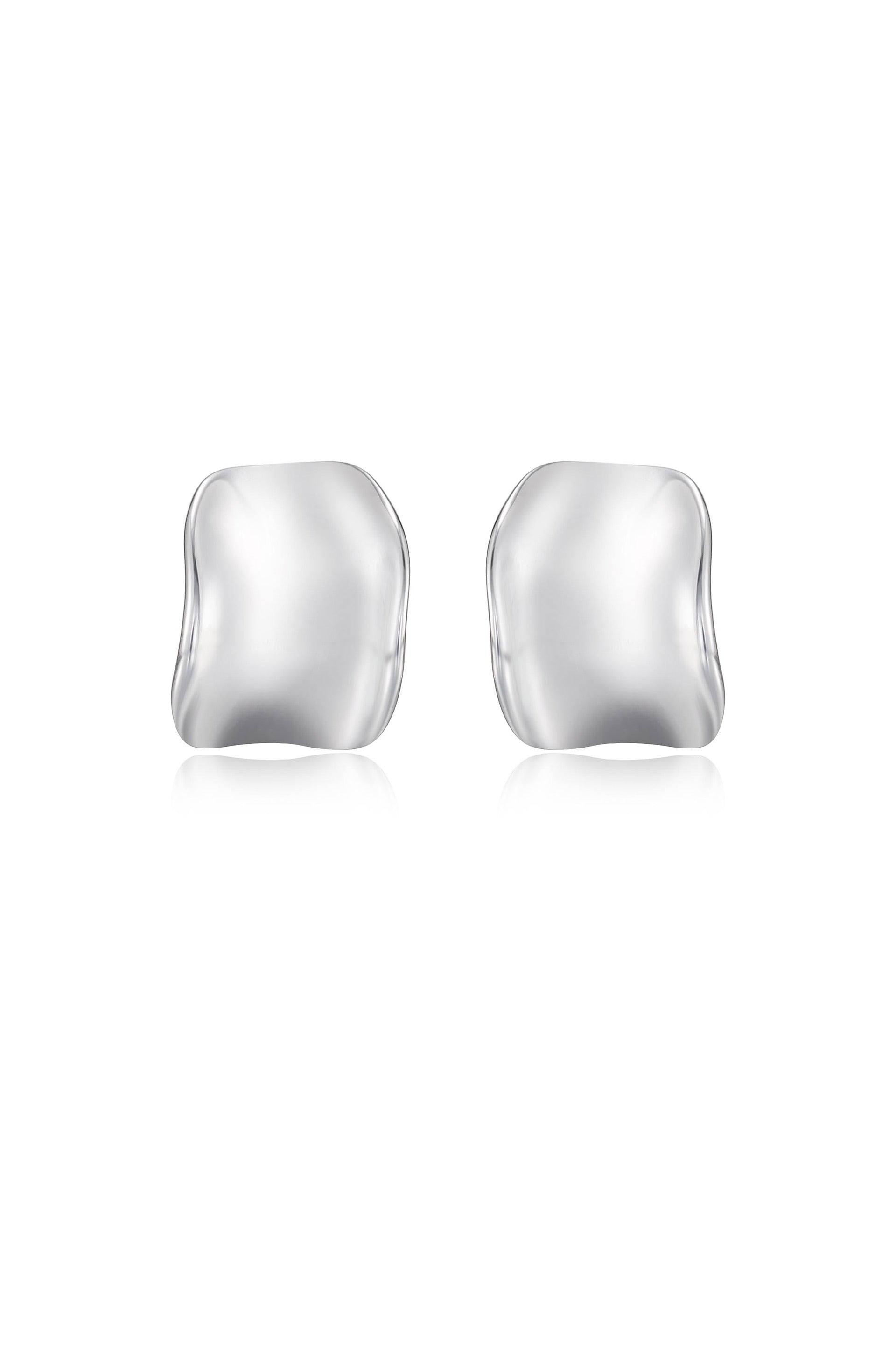 Two silver earrings are displayed, featuring an abstract, fluid shape. They appear polished and reflective, set against a plain white background that emphasizes their elegant design.