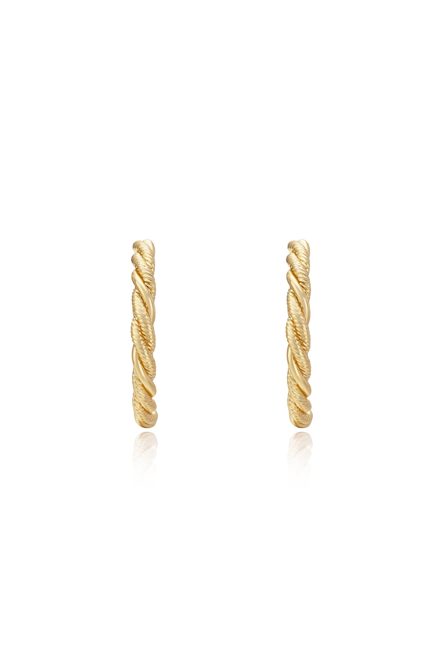 Two twisted gold hoop earrings are displayed upright, showcasing their shiny texture and circular design against a plain white background, reflecting light subtly.