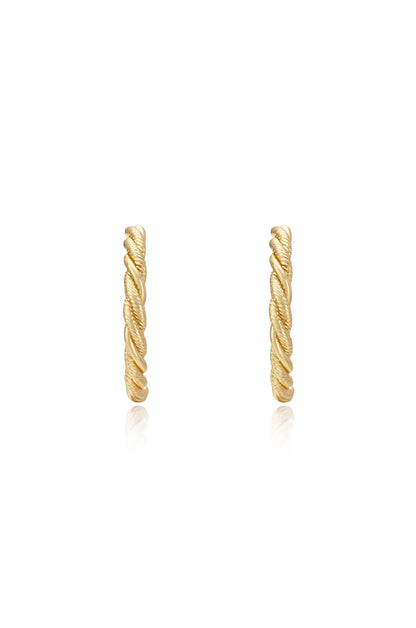 Two twisted gold hoop earrings are displayed upright, showcasing their shiny texture and circular design against a plain white background, reflecting light subtly.