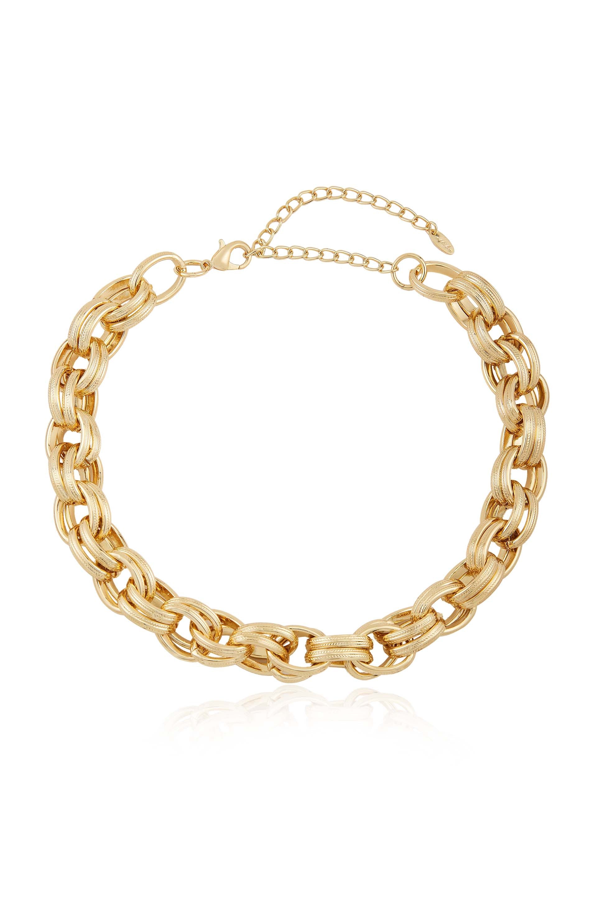 A gold chain necklace lies flat, featuring interlocking links with a polished finish. It has an adjustable clasp and chain extension for ease of wear, set against a plain white background.