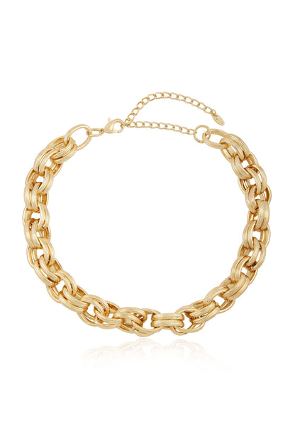 A gold chain necklace lies flat, featuring interlocking links with a polished finish. It has an adjustable clasp and chain extension for ease of wear, set against a plain white background.