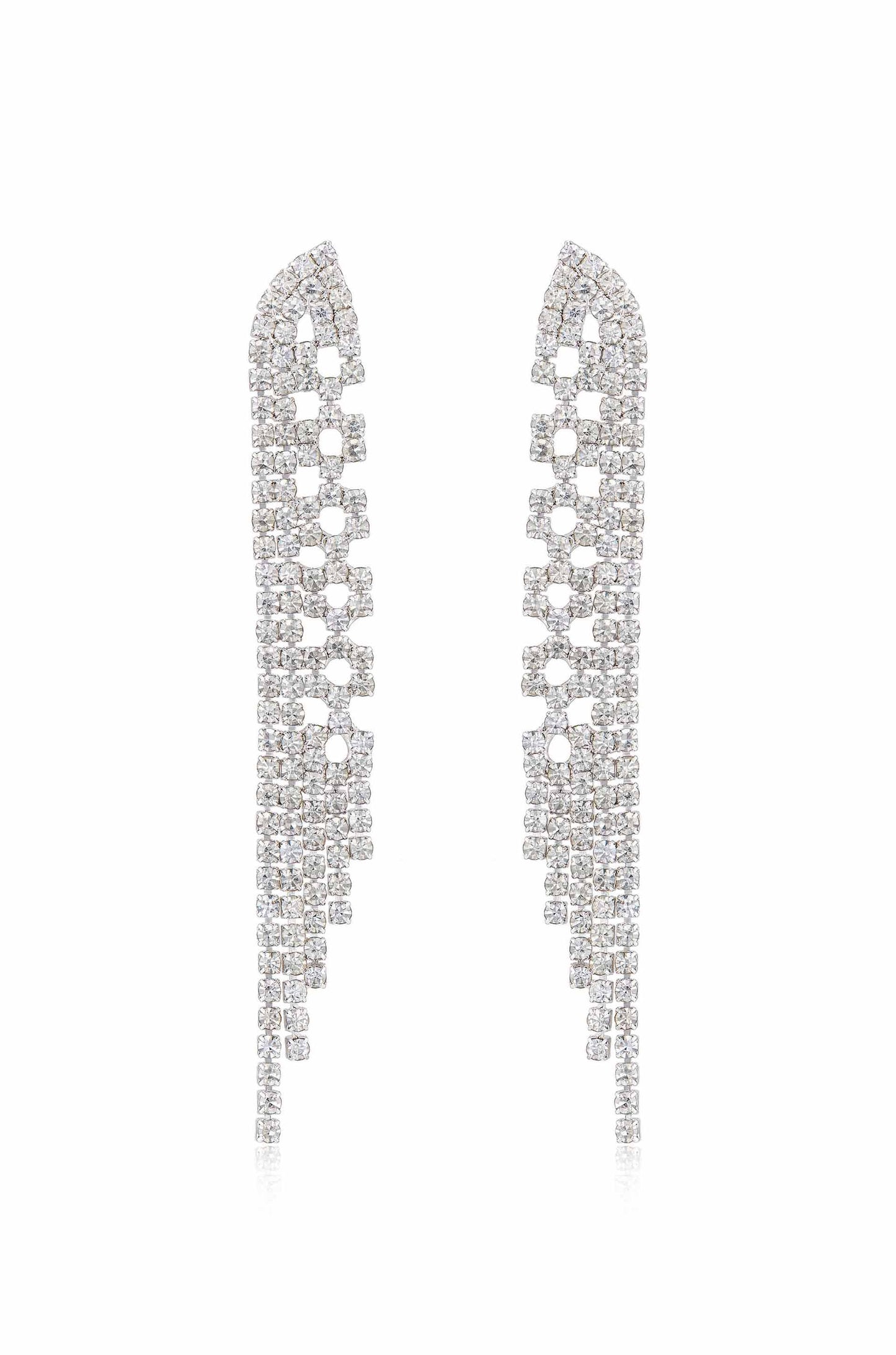 Two elegant earrings adorned with numerous sparkling gems are positioned symmetrically. Their cascading design features clustered squares and rectangles, reflecting light against a clean, white background.