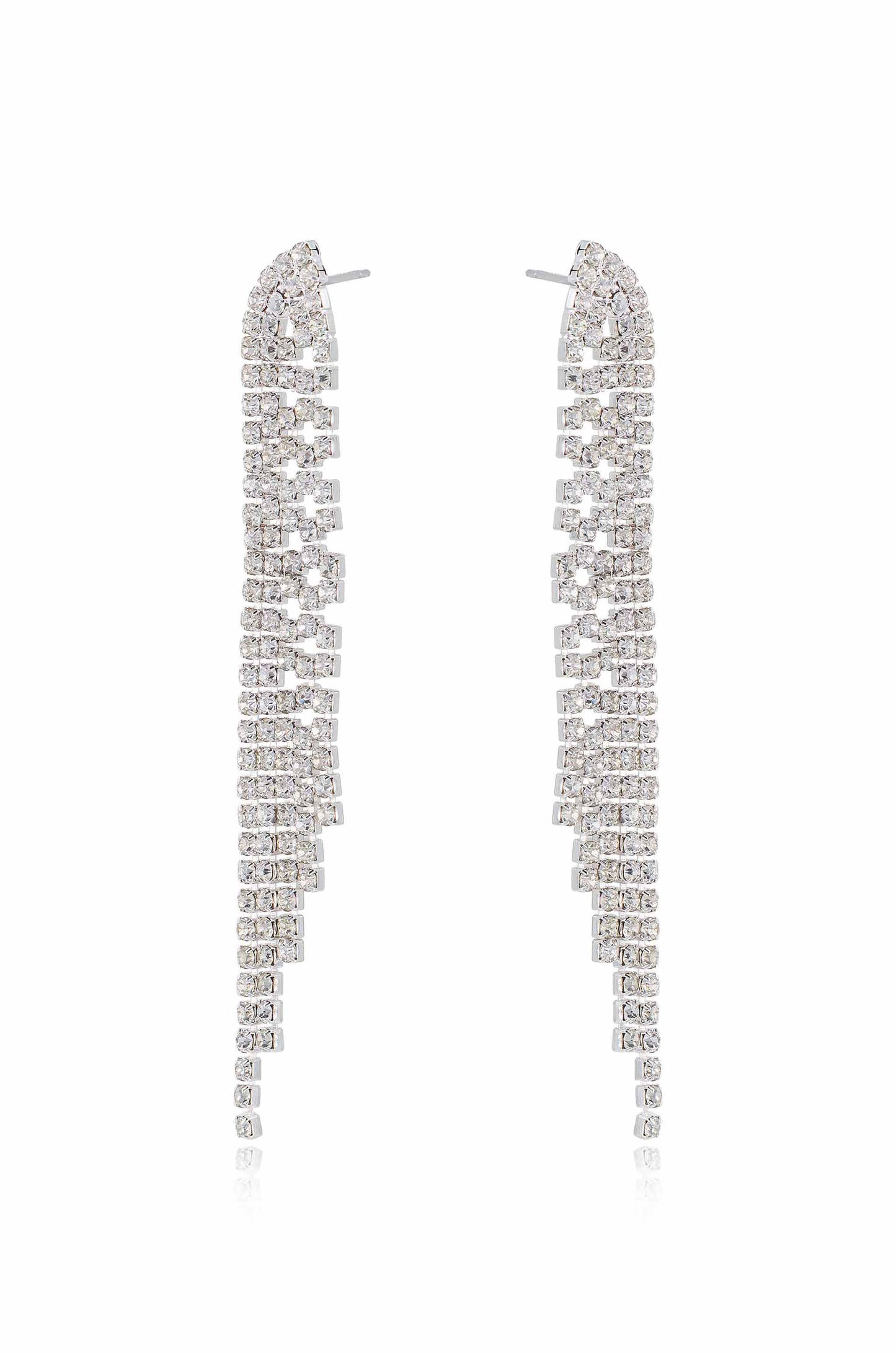 Two long, shimmering earrings made of multiple rows of small, square crystals arranged in a cascading pattern, reflecting light against a neutral background.