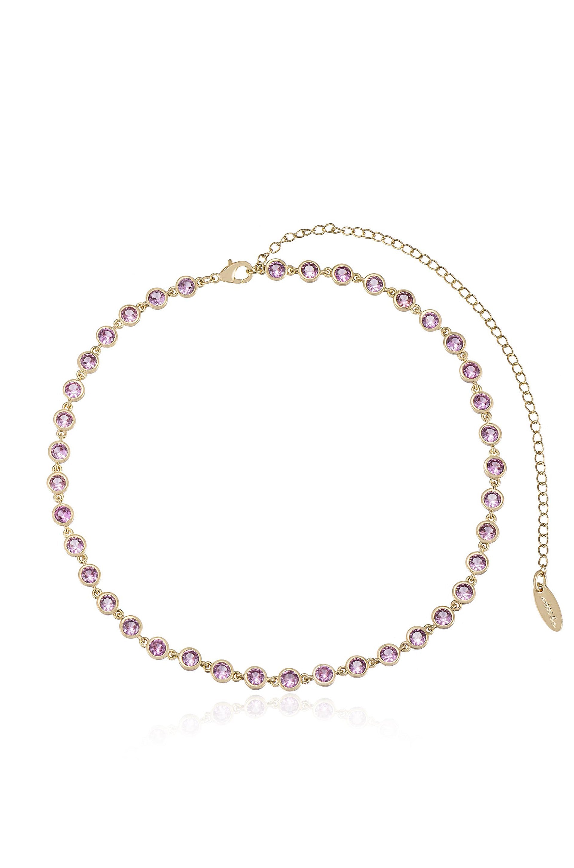 A delicate gold necklace features a series of sparkling pink gemstones set in a clean design, displaying elegance and charm, suitable for various occasions or outfits.