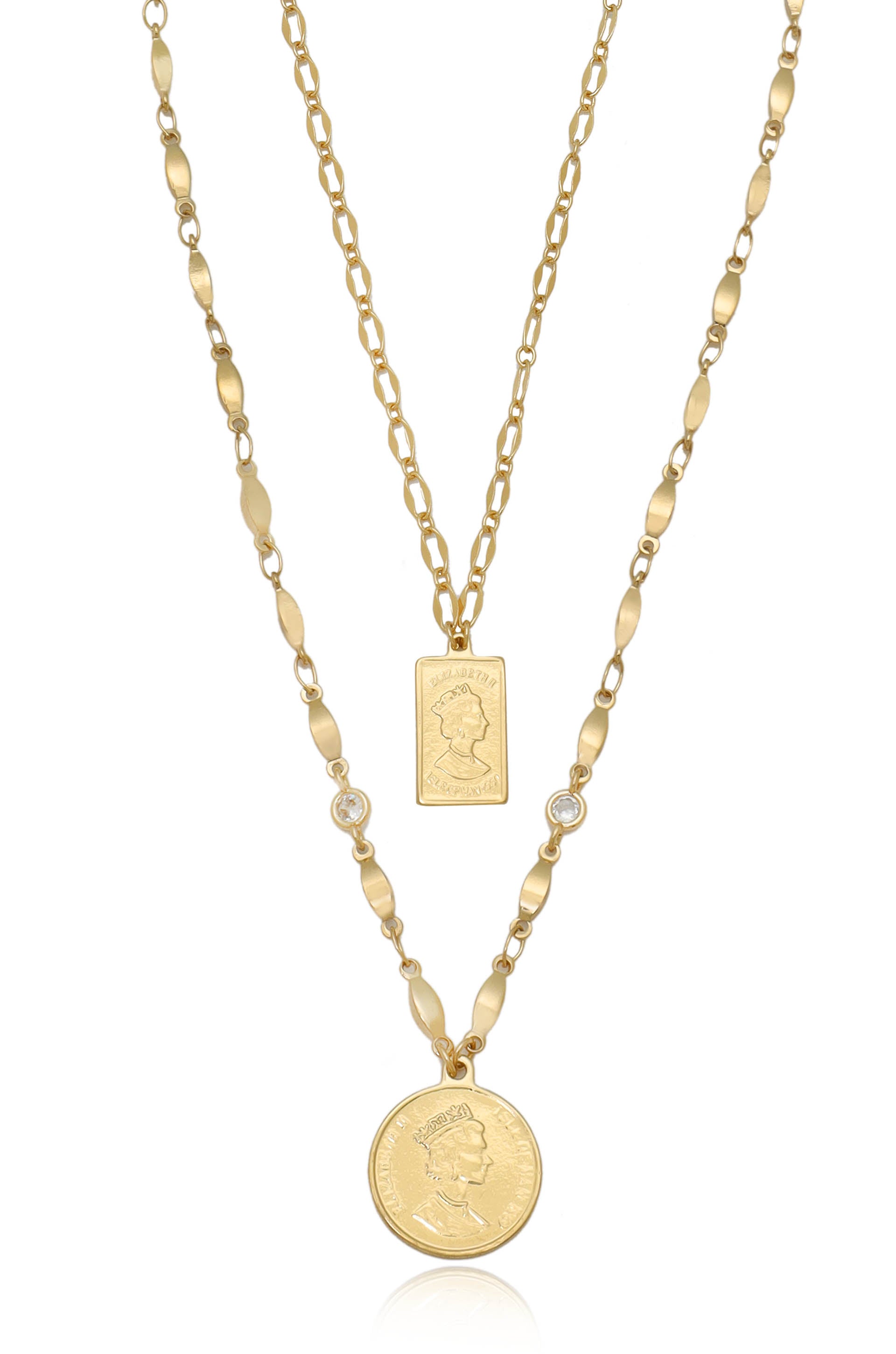 A gold layered necklace features two chains. One displays a rectangular pendant with an engraved portrait, while the other has a round coin pendant, all set against a white background.