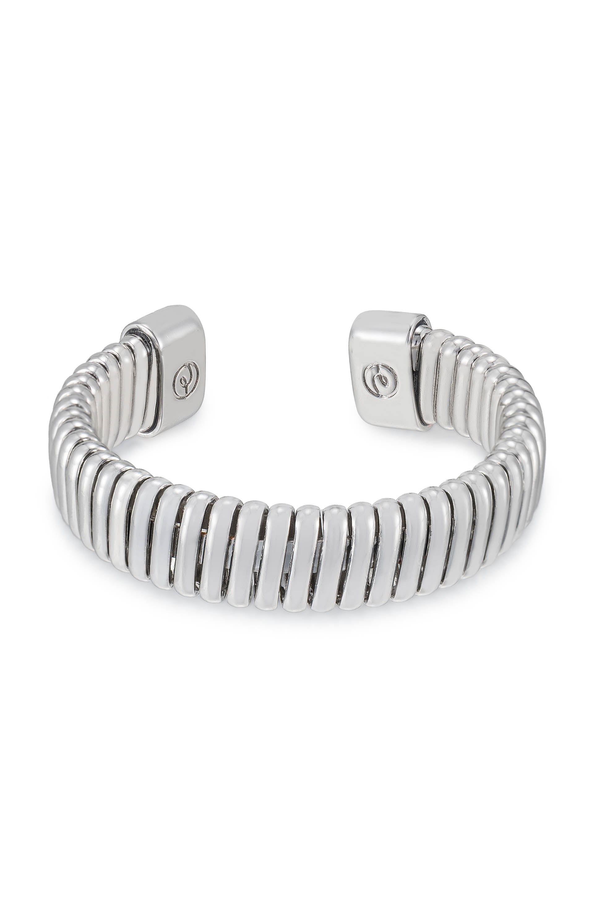 A silver cuff bracelet features a series of interlocking, curved segments that create a flexible design. It is displayed against a plain white background, highlighting its shiny surface.