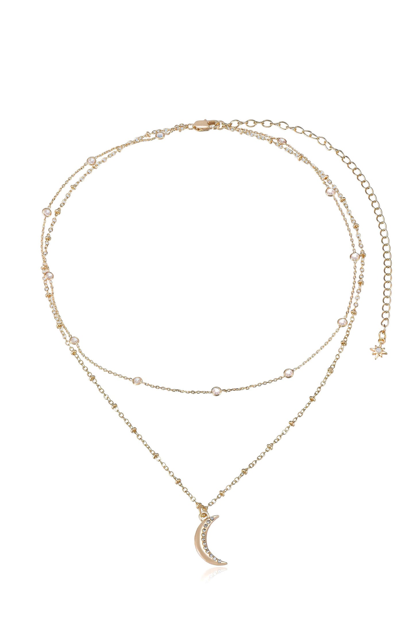 A layered gold necklace features sparkling beads and a crescent moon pendant adorned with rhinestones, displayed against a white background, emphasizing its delicate design and elegance.