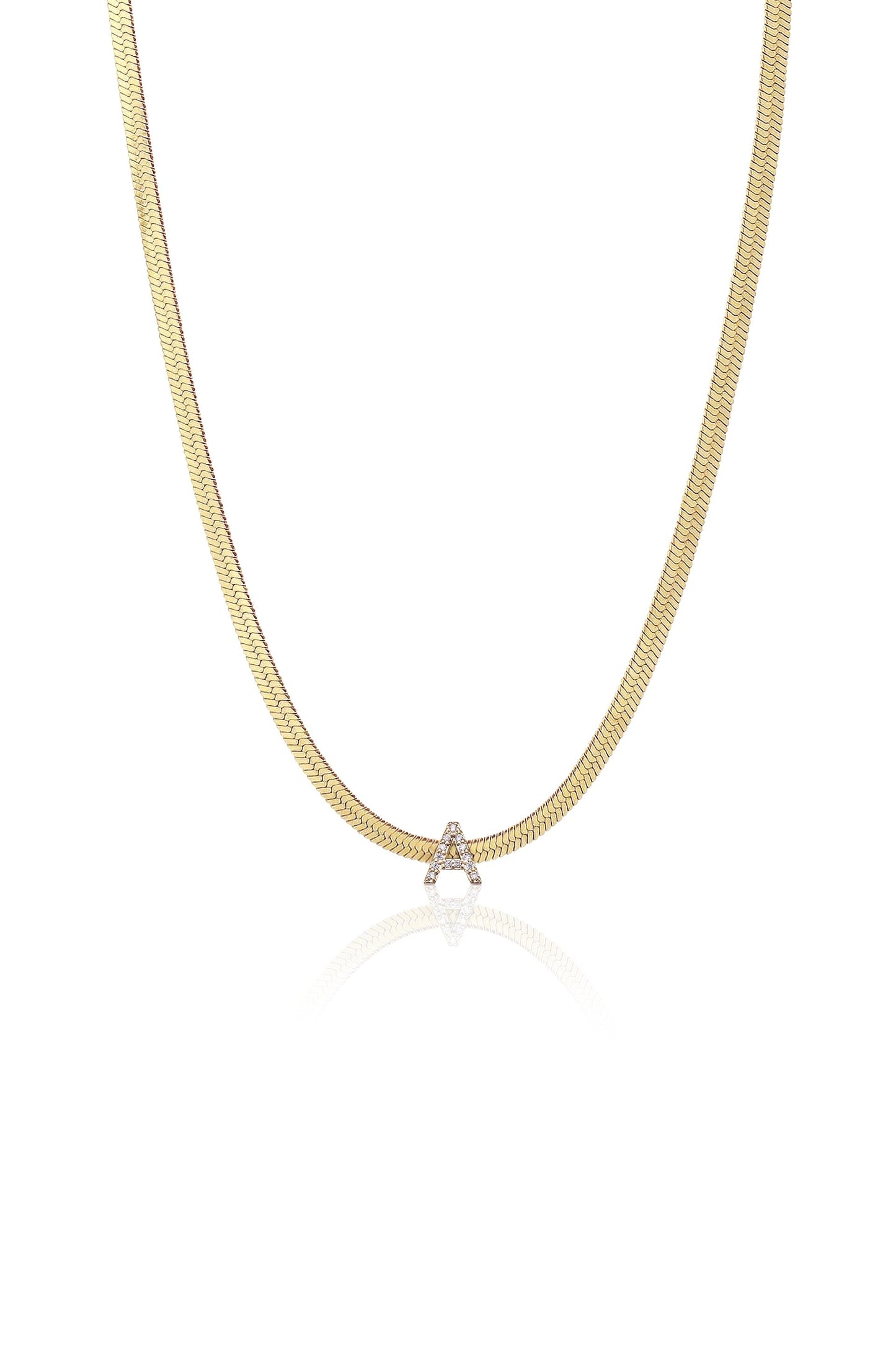 A gold chain necklace features a shimmering letter "A" embellished with diamonds, displayed against a plain white background that highlights its elegant design and reflective qualities.