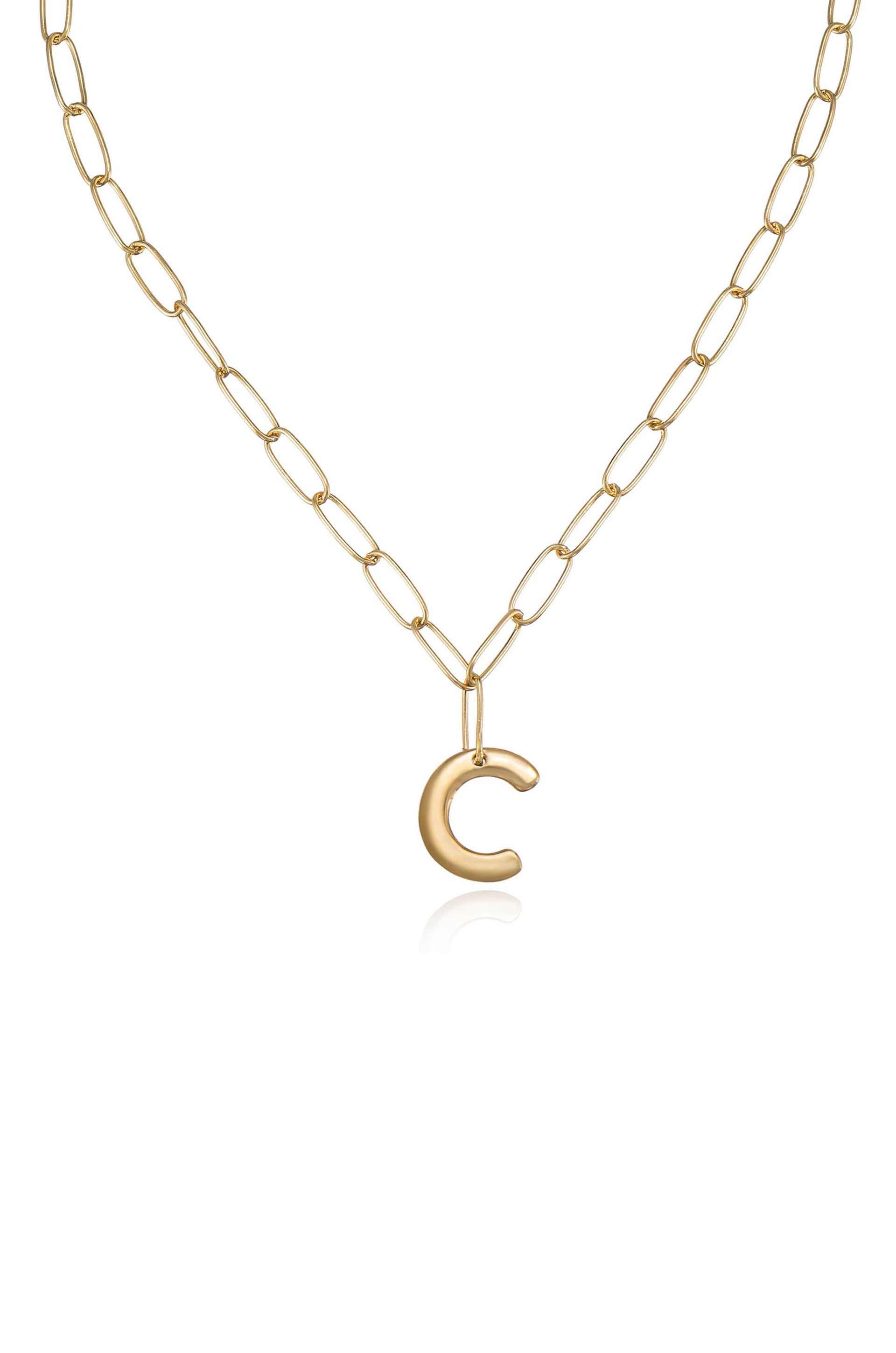 A gold chain necklace features an oval-link design and displays a prominent, polished letter "C" charm, against a plain white background that emphasizes its elegance and simplicity.