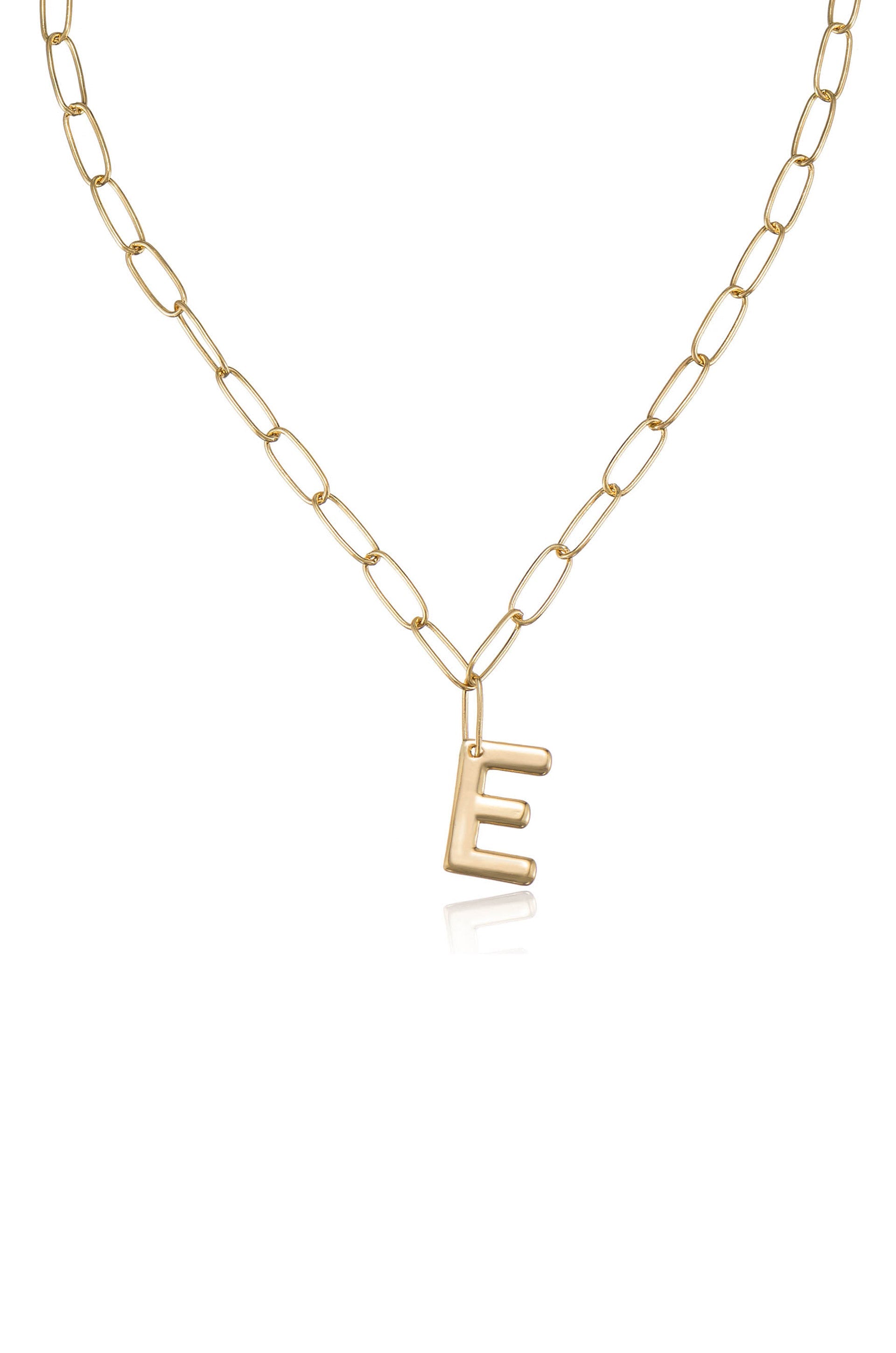 A gold chain necklace features an uppercase letter "E" pendant hanging from it. The necklace is displayed against a plain, light background, emphasizing its design.