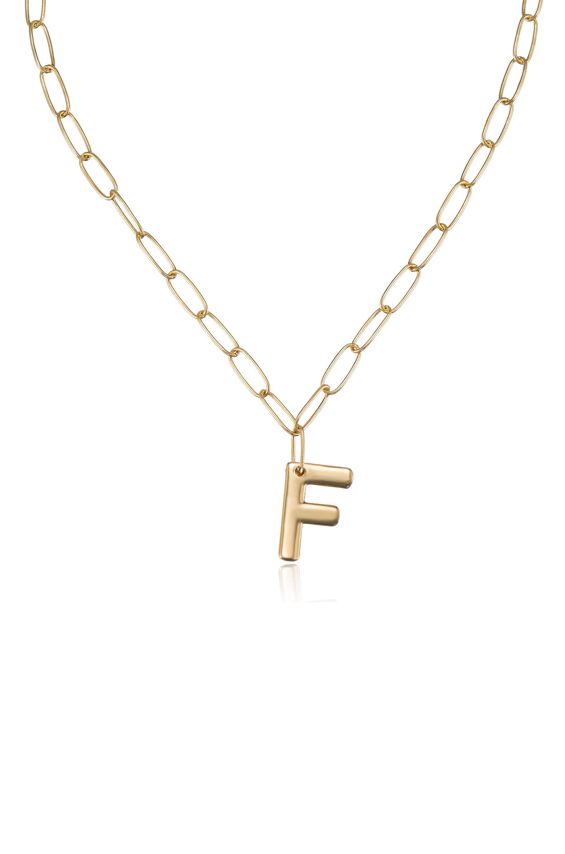 A gold chain necklace features an oversized letter "F" charm, hanging prominently in the center against a plain white background, highlighting the jewelry's sleek design and shine.