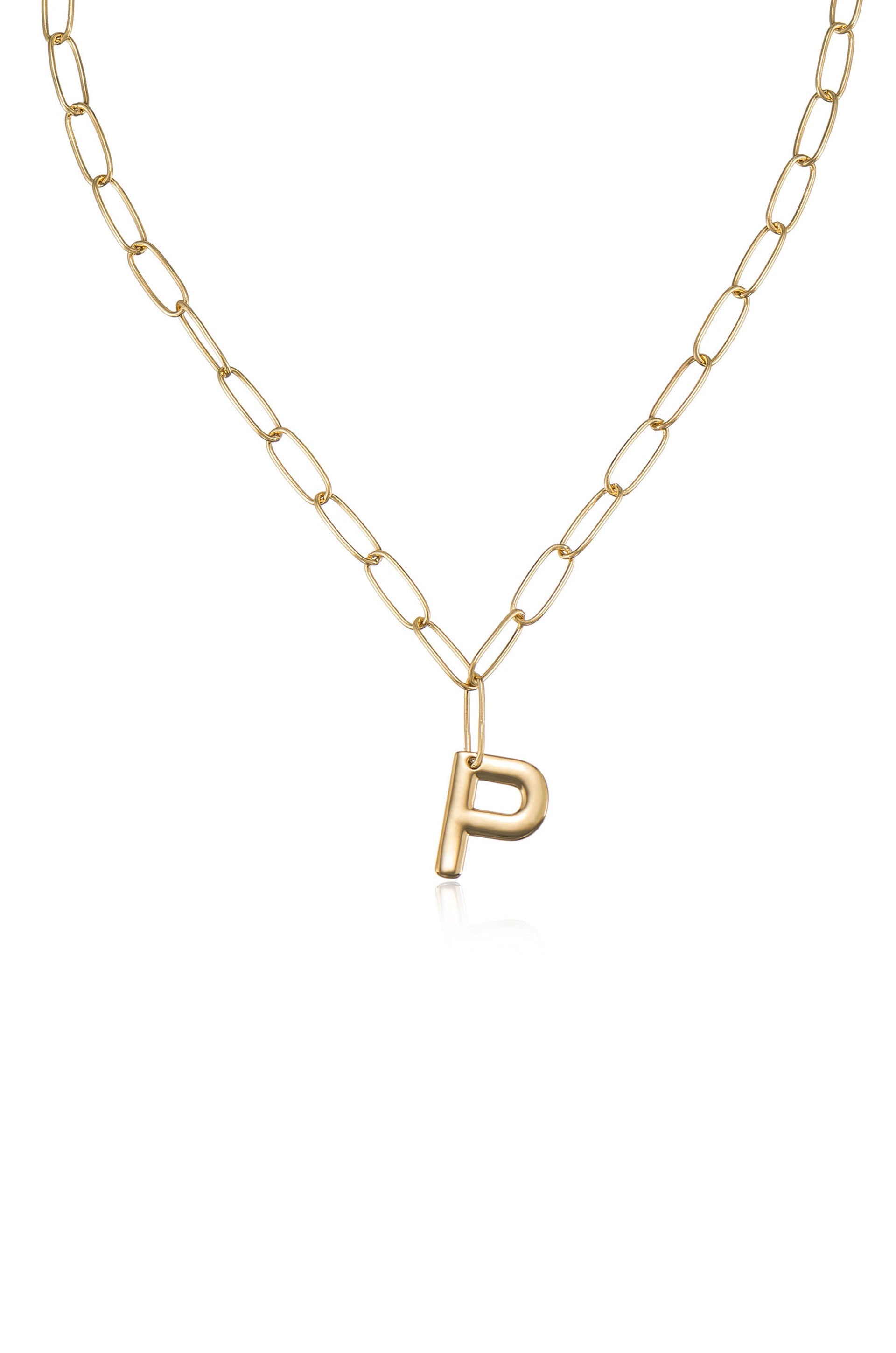 A gold chain necklace features an ornate letter "P" pendant, suspended in a polished finish. The background is plain white, highlighting the jewelry's elegant design.