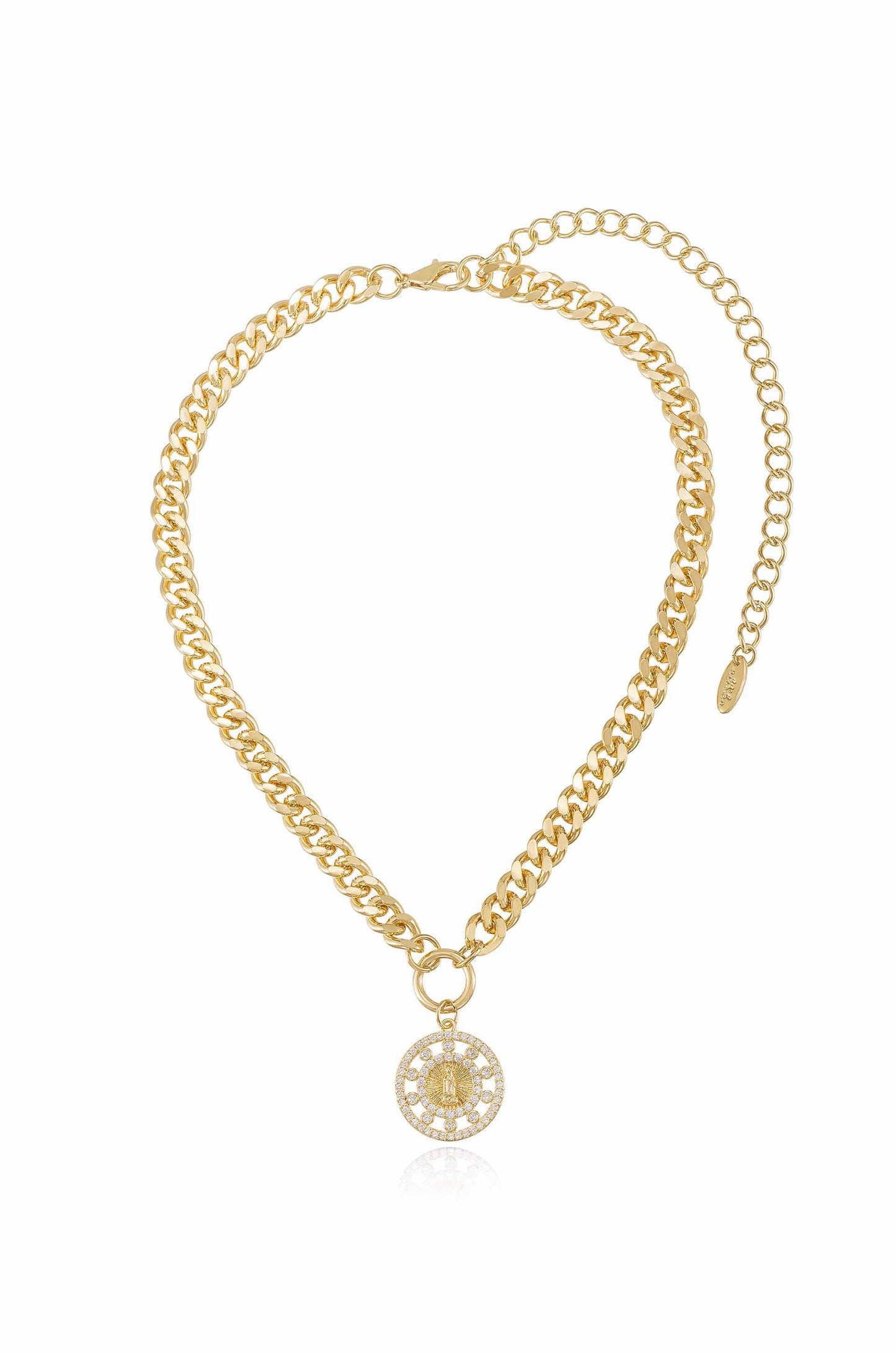 A chunky gold chain necklace features an ornate pendant at the center, adorned with smaller stones, suspended from a similar chain linked design, set against a plain white background.