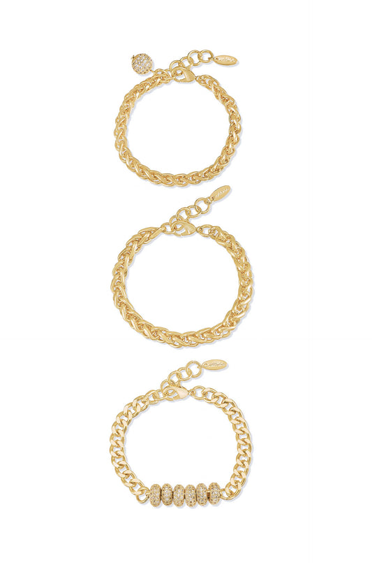 Three gold bracelets are displayed vertically. The top two feature a chain link design, while the bottom one includes decorative beads. All have adjustable clasps for fastening.