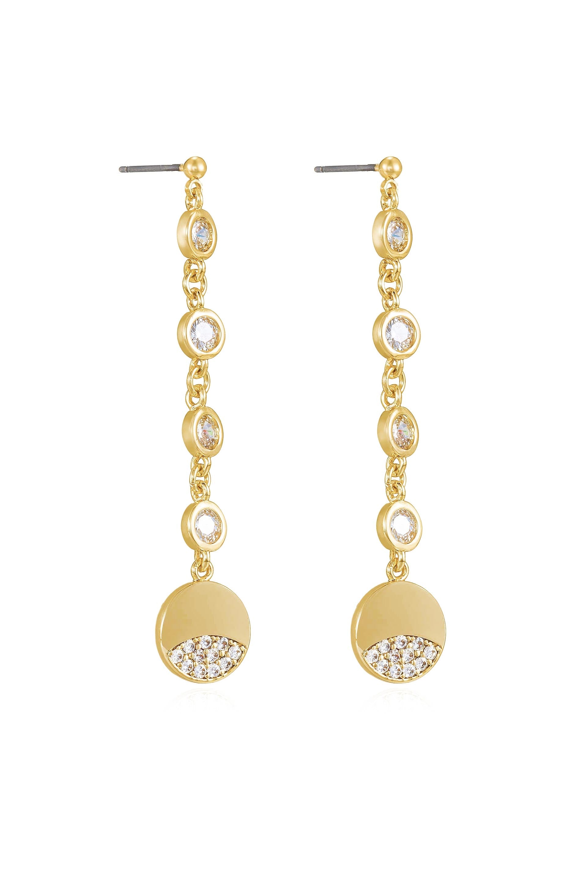 Dangle earrings feature alternating circular gold links and small sparkling stones, gently hanging down. They reflect light, adding elegance and shine, ideal for formal or festive occasions.