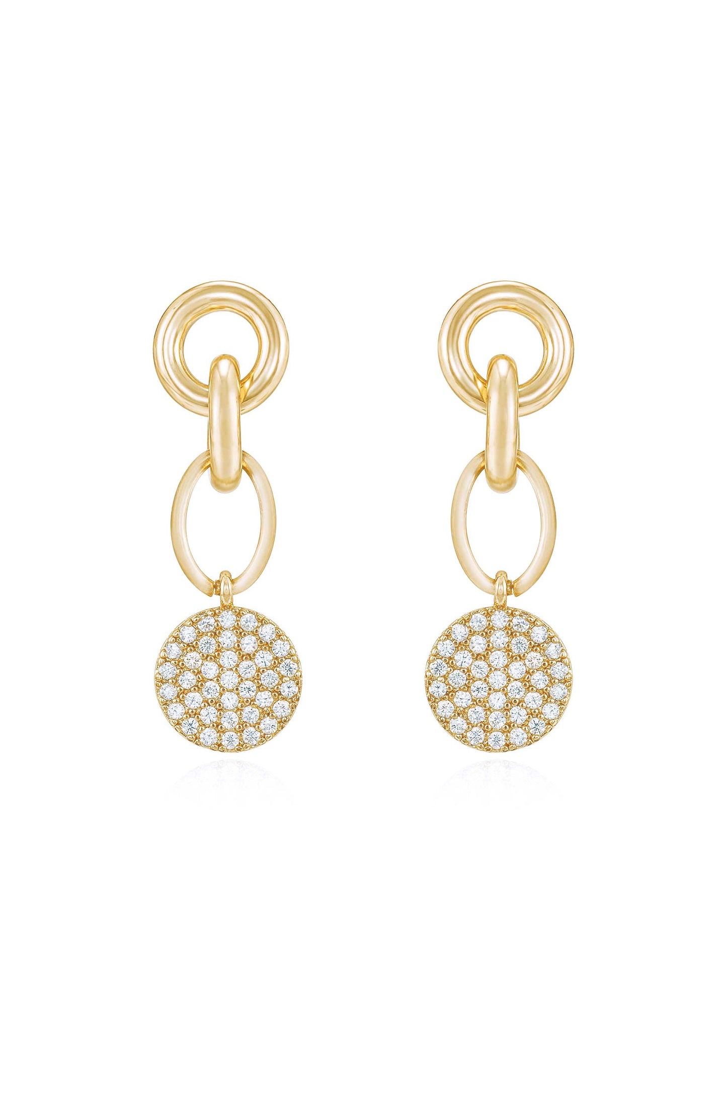 Gold earrings feature a layered design with two circular links and a sparkling round pendant adorned with small stones. They are displayed on a plain white background, highlighting their elegance.